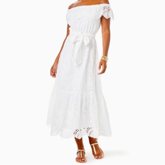 Lilly Pulitzer Off The Shoulder Midi Dress Size XL White Romantic Flounce Lace - Picture 2 of 12
